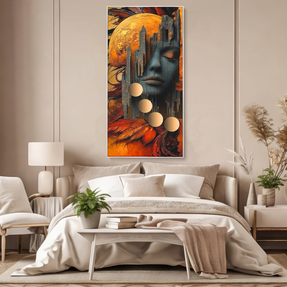 Tablou canvas cu tablou canvas cu chip de femeie si oras stilizat, in rama de aluminiu argintiu, pe perete intr-un dormitor